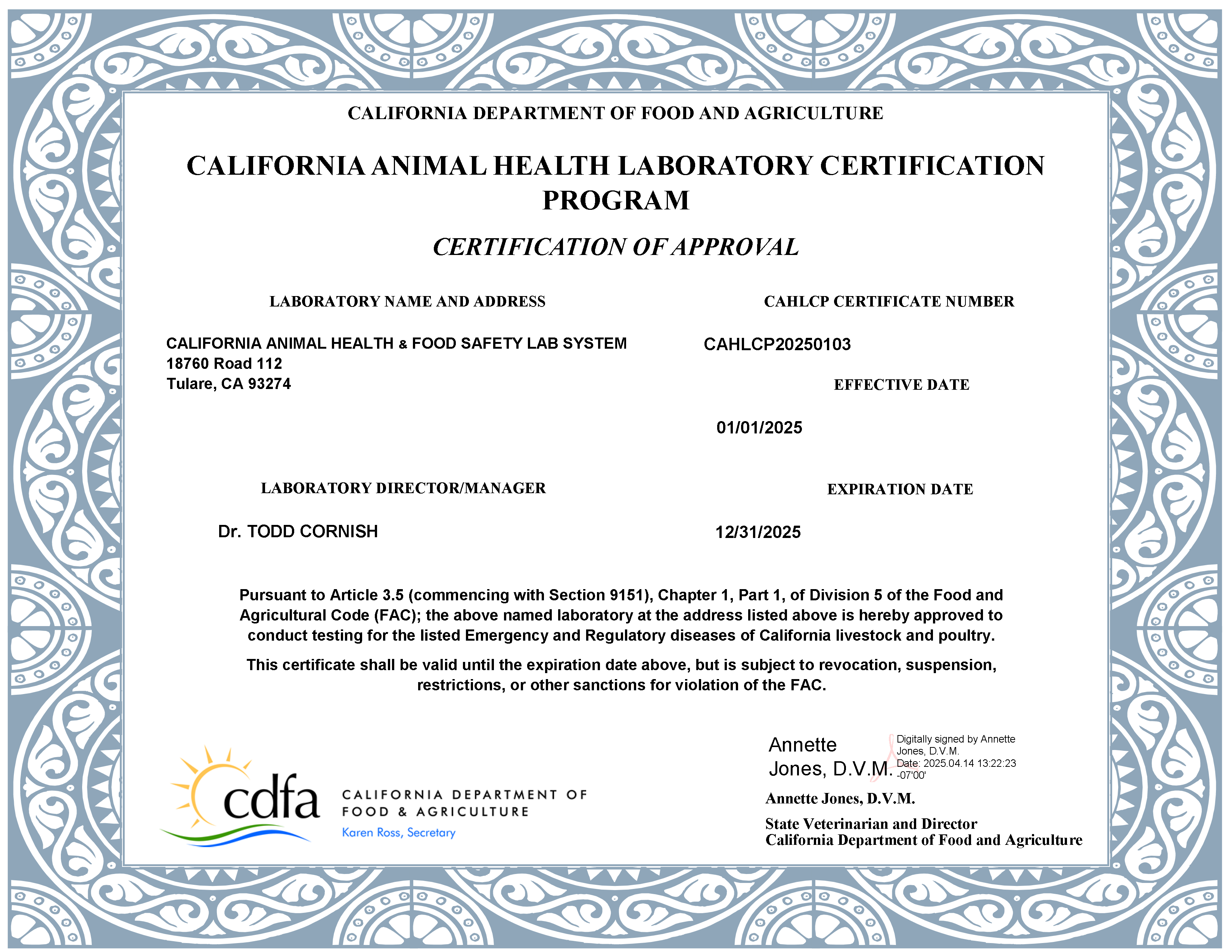 CDFA Lab Certificate - CAHFS Tulare